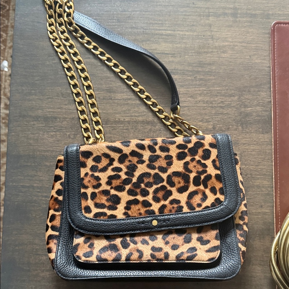 J. Crew Leopard Print Crossbody with Black Trim & Gold Chain
